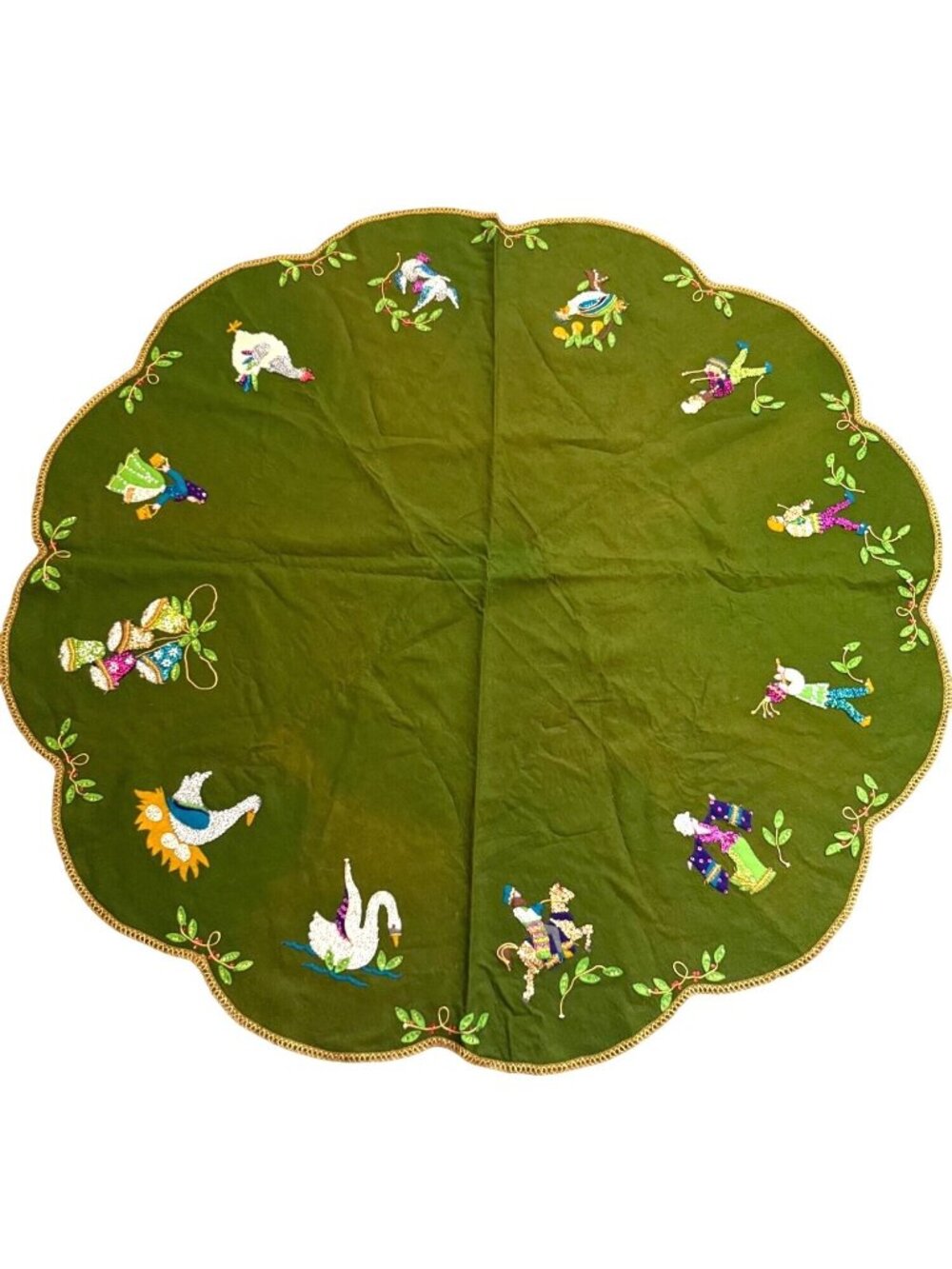 Vintage Holiday Tablecloth 12 Days Of Christmas Green Felt Sequins Beads Round